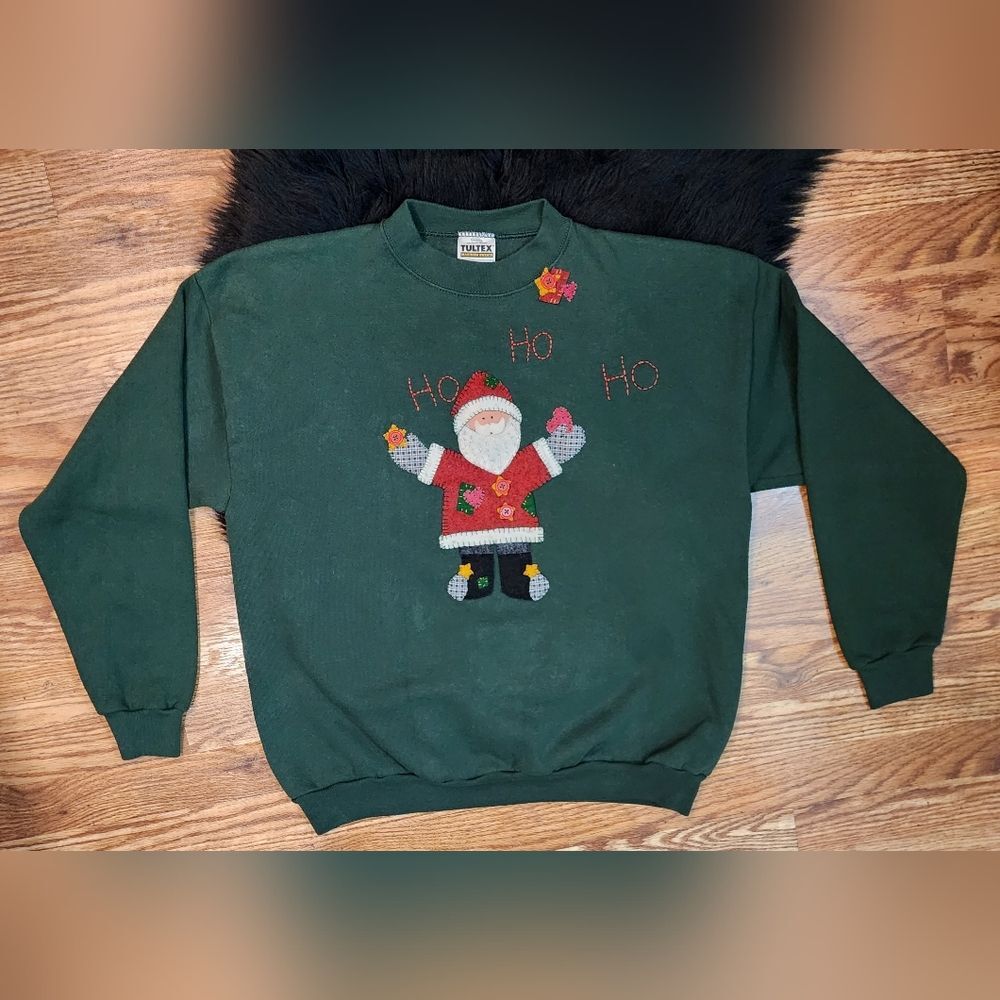 HO HO HO Dark Green Vintage Patchwork Santa Sweatshirt Size L